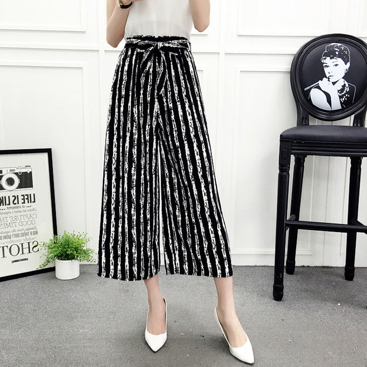 Real shot new spring and autumn wear casual wide-leg pants black and white striped big-leg pants with wide-leg harem pants tide