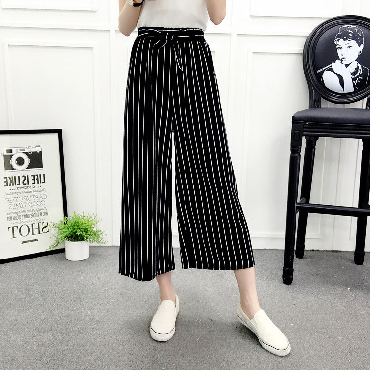 Real shot new spring and autumn wear casual wide-leg pants black and white striped big-leg pants with wide-leg harem pants tide