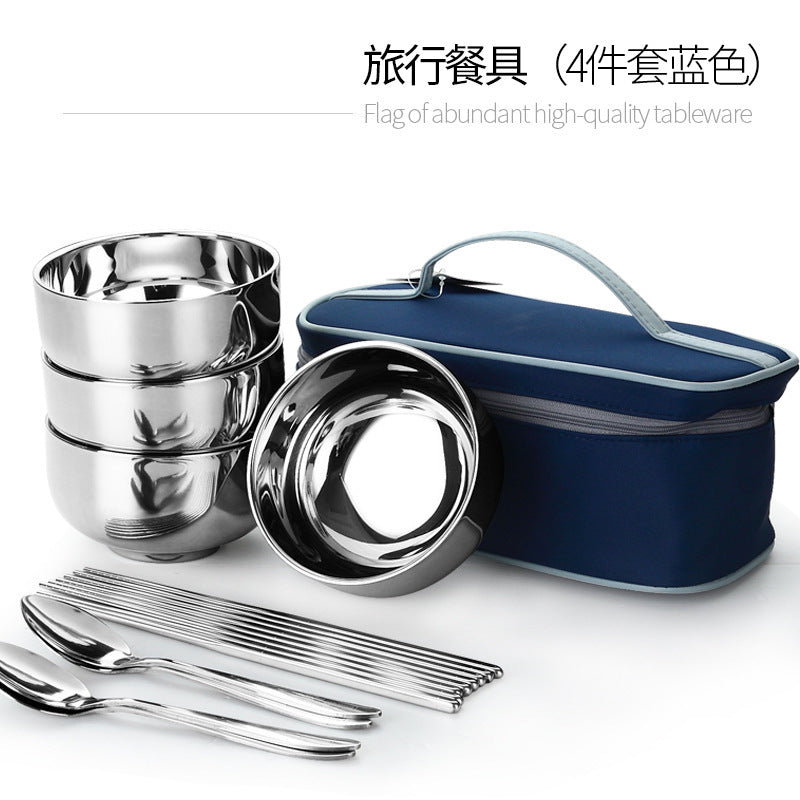 Qifeng Creative Travel Portable Stainless Steel Tableware Spoon Set Retro Tableware Family Tableware Japanese Rice Bowl Bag