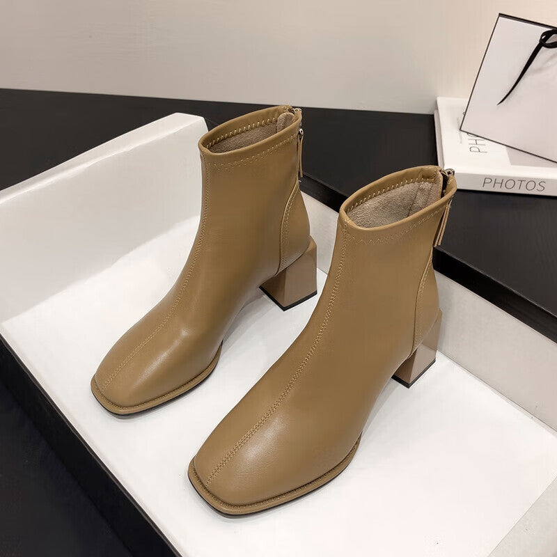 ZHR short boots women's warm and velvet fashion changeable temperament square toe commuter fashion boots women's trendy all-match high-heel retro modern women's boots convenient side zipper boots women CH11A apricot 37