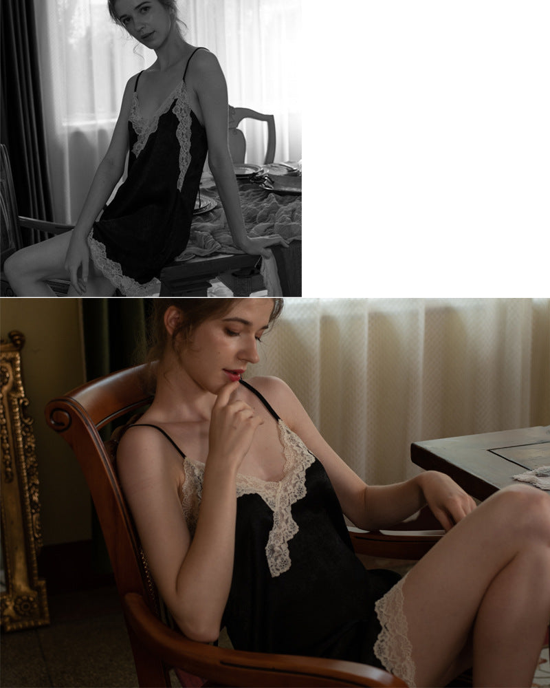 velvet lace naked back sexy sling pajamas women's home service simulation ice silk nightdress women's