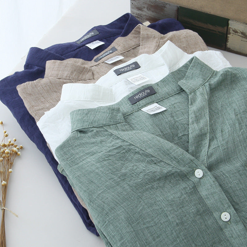 summer new sun protection clothing Japanese style small fresh loose cotton and linen three-quarter sleeves stand-up collar cotton and linen shirt women