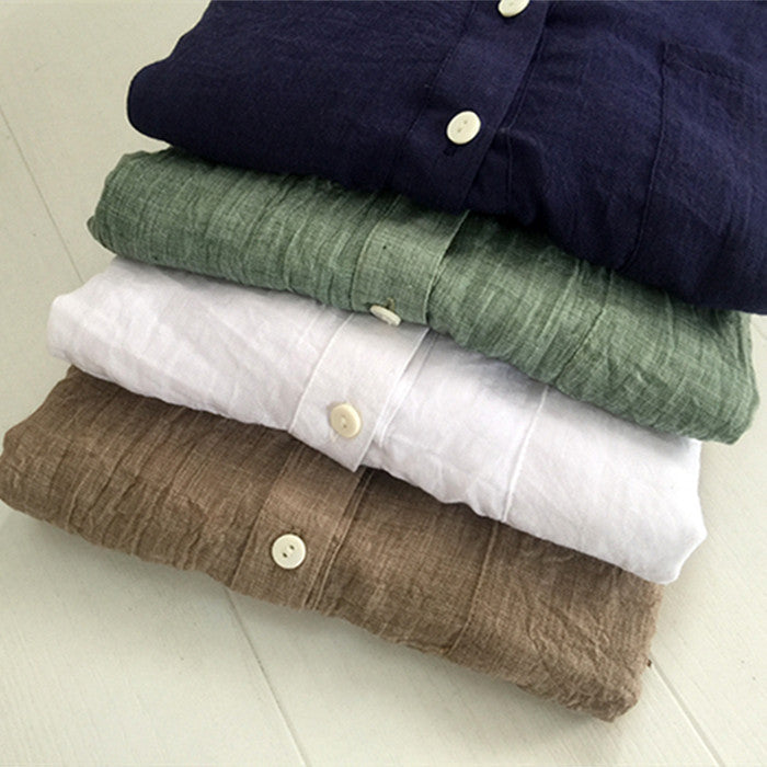 summer new sun protection clothing Japanese style small fresh loose cotton and linen three-quarter sleeves stand-up collar cotton and linen shirt women