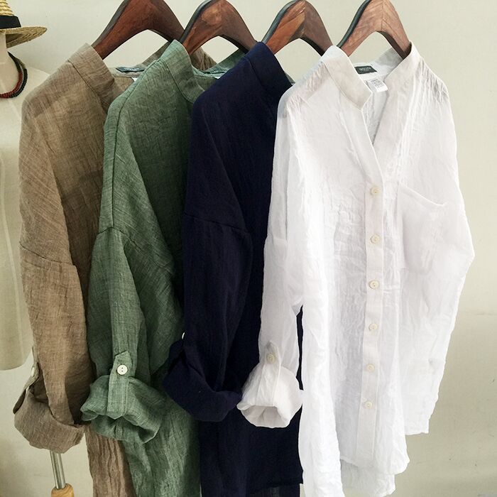 summer new sun protection clothing Japanese style small fresh loose cotton and linen three-quarter sleeves stand-up collar cotton and linen shirt women
