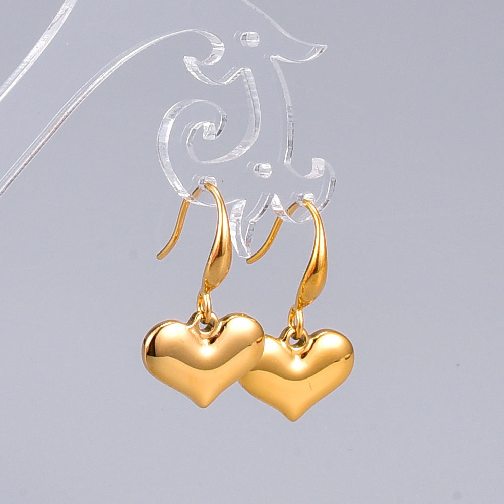 small love cute simple glossy peach heart solid ear hook earrings titanium steel plated 18 gold