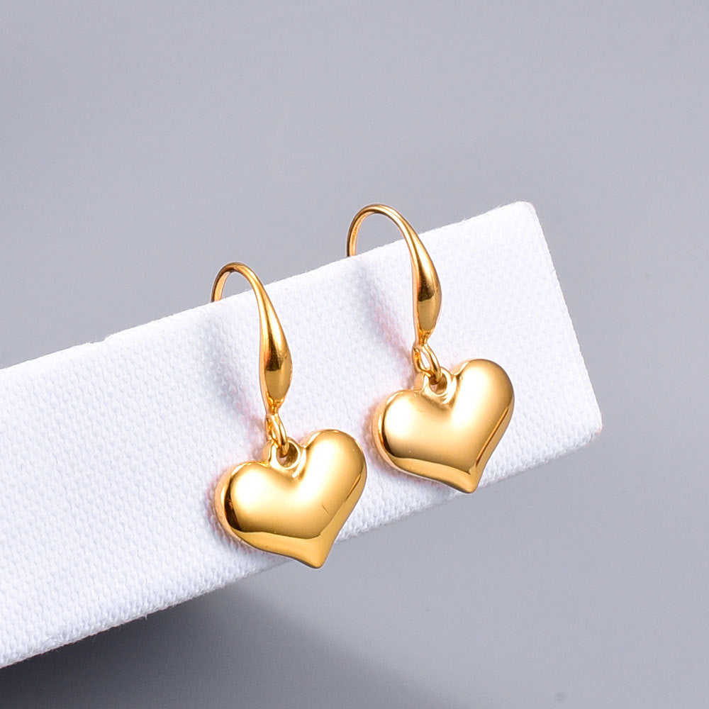 small love cute simple glossy peach heart solid ear hook earrings titanium steel plated 18 gold