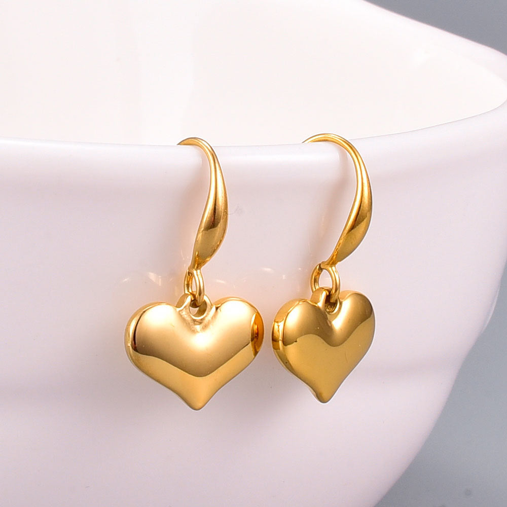 small love cute simple glossy peach heart solid ear hook earrings titanium steel plated 18 gold