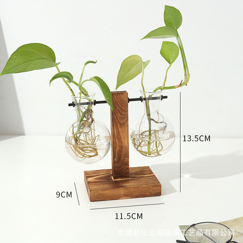 Creative wooden frame hydroponic vase transparent hydroponic glass bottle container flower pot home living room desk