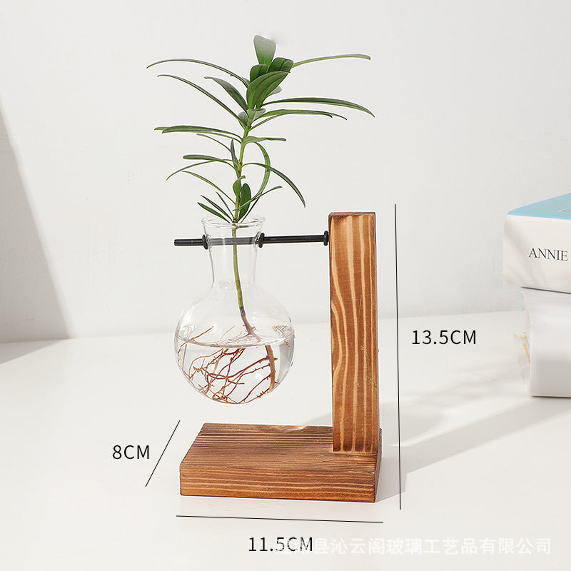 Creative wooden frame hydroponic vase transparent hydroponic glass bottle container flower pot home living room desk