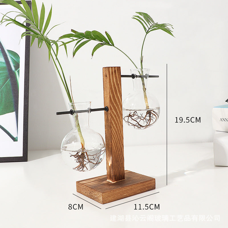 Creative wooden frame hydroponic vase transparent hydroponic glass bottle container flower pot home living room desk