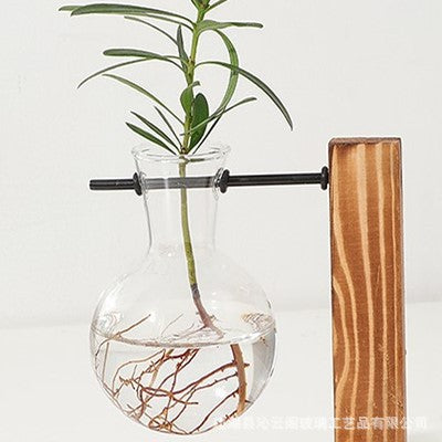 Creative wooden frame hydroponic vase transparent hydroponic glass bottle container flower pot home living room desk