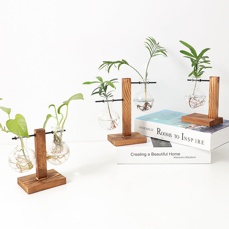 Creative wooden frame hydroponic vase transparent hydroponic glass bottle container flower pot home living room desk