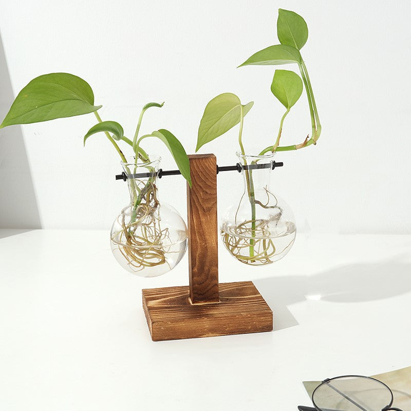 Creative wooden frame hydroponic vase transparent hydroponic glass bottle container flower pot home living room desk