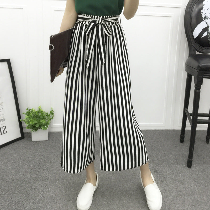 Real shot new spring and autumn wear casual wide-leg pants black and white striped big-leg pants with wide-leg harem pants tide