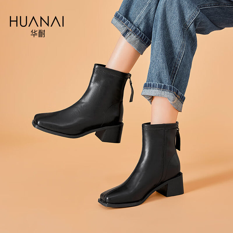 Huanai huanai fashion boots women's daily commuting all-match chunky heel short boots women's boots autumn and winter thin boots