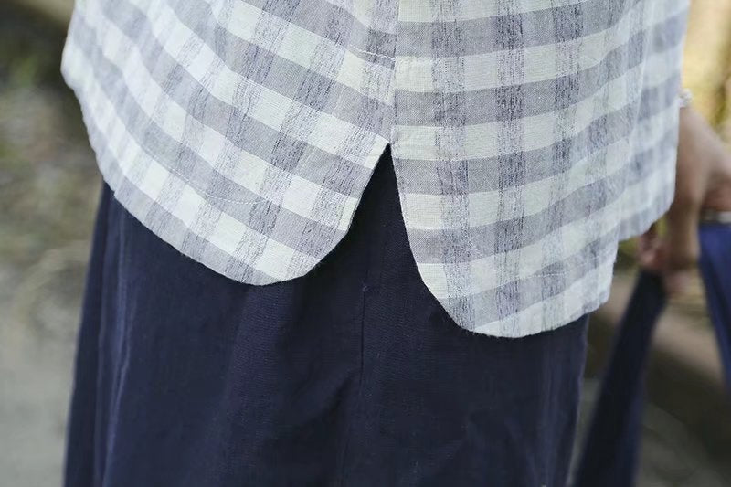 Sommer neue japanische Retro-Literatur und Kunst Fan Stehkragen schräge Knopfleiste Schnalle kariertes Kurzarmhemd Damen