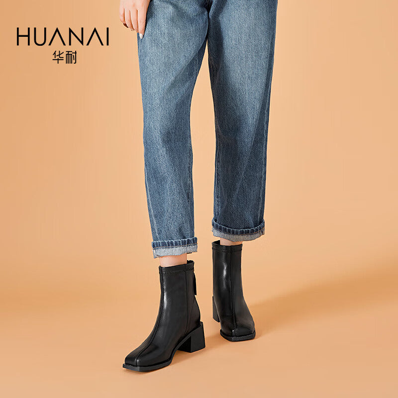Huanai huanai fashion boots women's daily commuting all-match chunky heel short boots women's boots autumn and winter thin boots