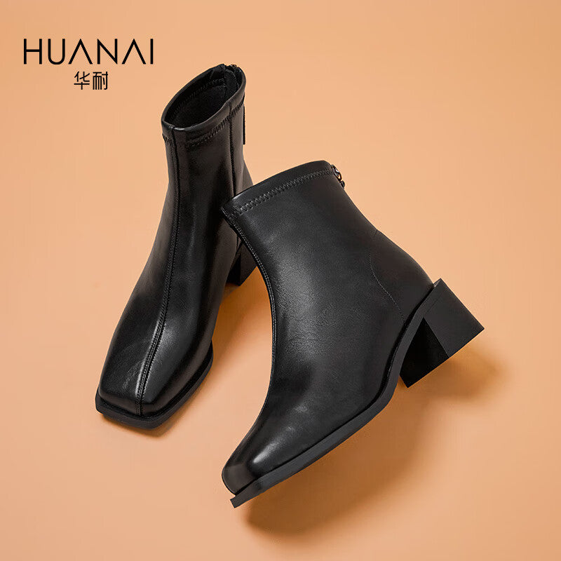 Huanai huanai fashion boots women's daily commuting all-match chunky heel short boots women's boots autumn and winter thin boots