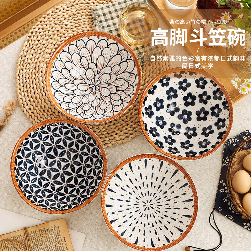 Jiwu Forest Japanese 8-inch Ramen Bowl Bamboo Hat Bowl Household Large Bowl Tableware Large Soup Bowl Instant Noodle Bowl Eating Noodles 4 Pack