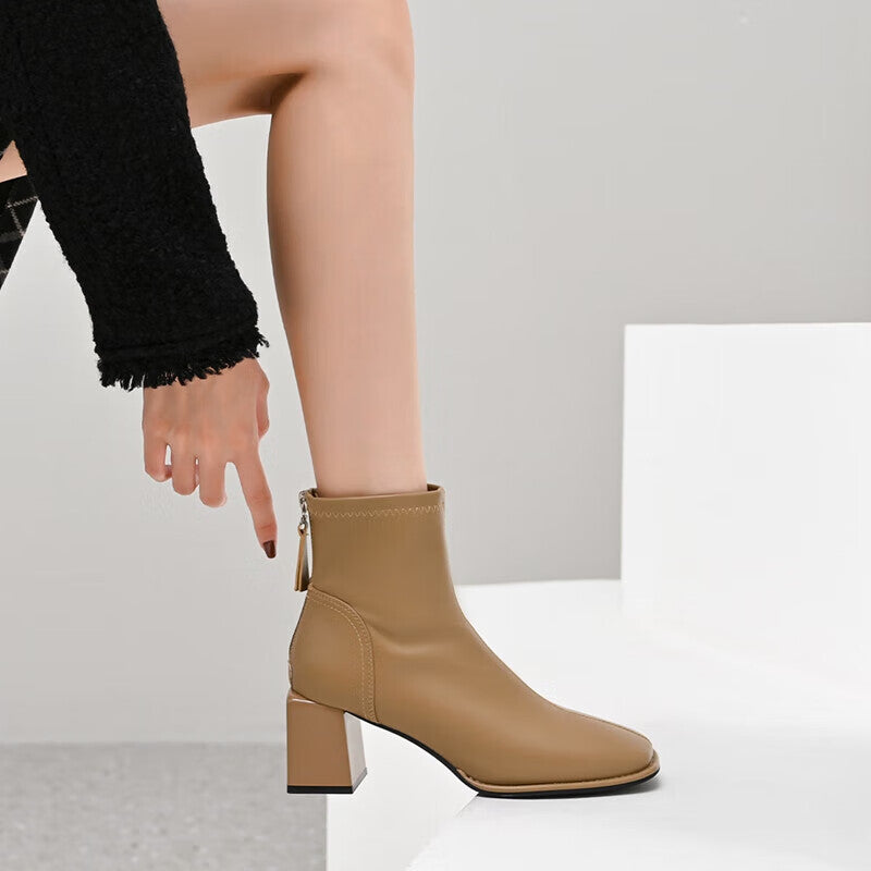 ZHR short boots women's warm and velvet fashion changeable temperament square toe commuter fashion boots women's trendy all-match high-heel retro modern women's boots convenient side zipper boots women CH11A apricot 37