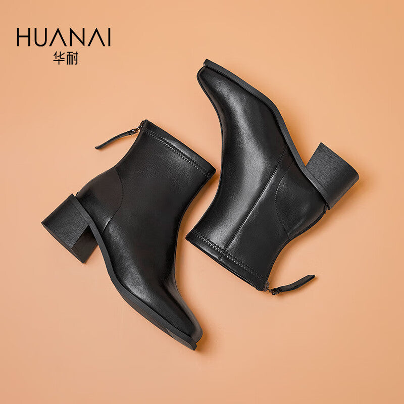 Huanai huanai fashion boots women's daily commuting all-match chunky heel short boots women's boots autumn and winter thin boots