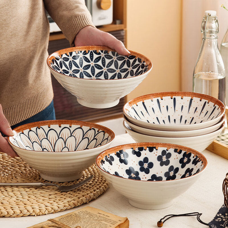 Jiwu Forest Japanese 8-inch Ramen Bowl Bamboo Hat Bowl Household Large Bowl Tableware Large Soup Bowl Instant Noodle Bowl Eating Noodles 4 Pack