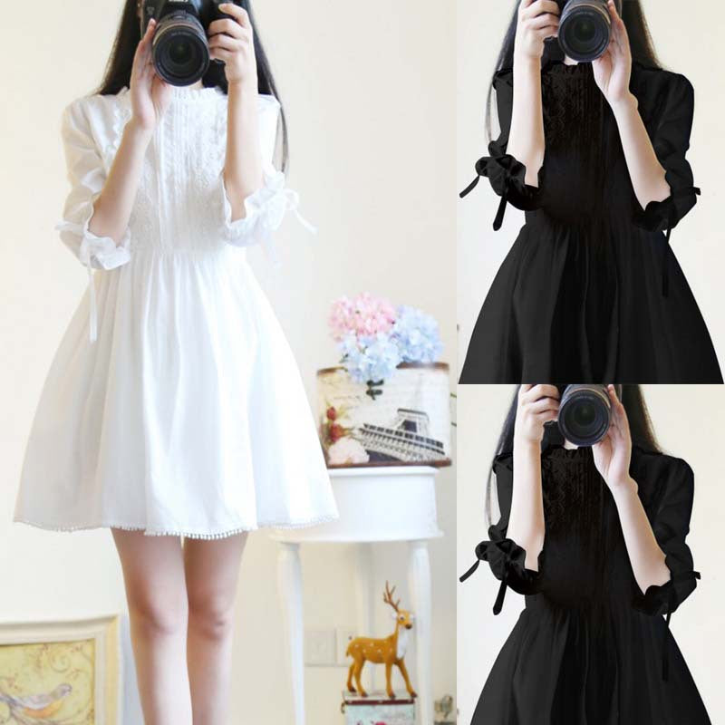 Spring and Autumn Women's Sweet Girl Small Fresh Japanese Lace Dress Summer Korean Fairy Cute White Dress