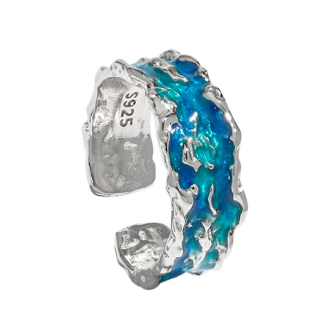 1809 niche design sense irregular texture texture light luxury blue green drip glaze S925 sterling silver ring ring female