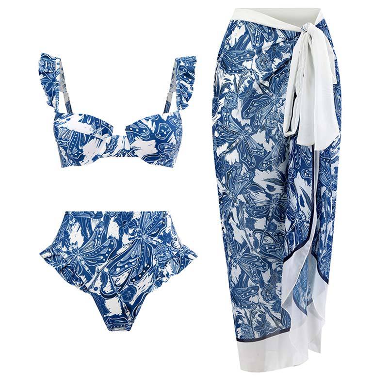 Bikini Set – Sexy Gathered Design, High Waist Split Swimsuit + Chiffon Long Skirt, European & American Style