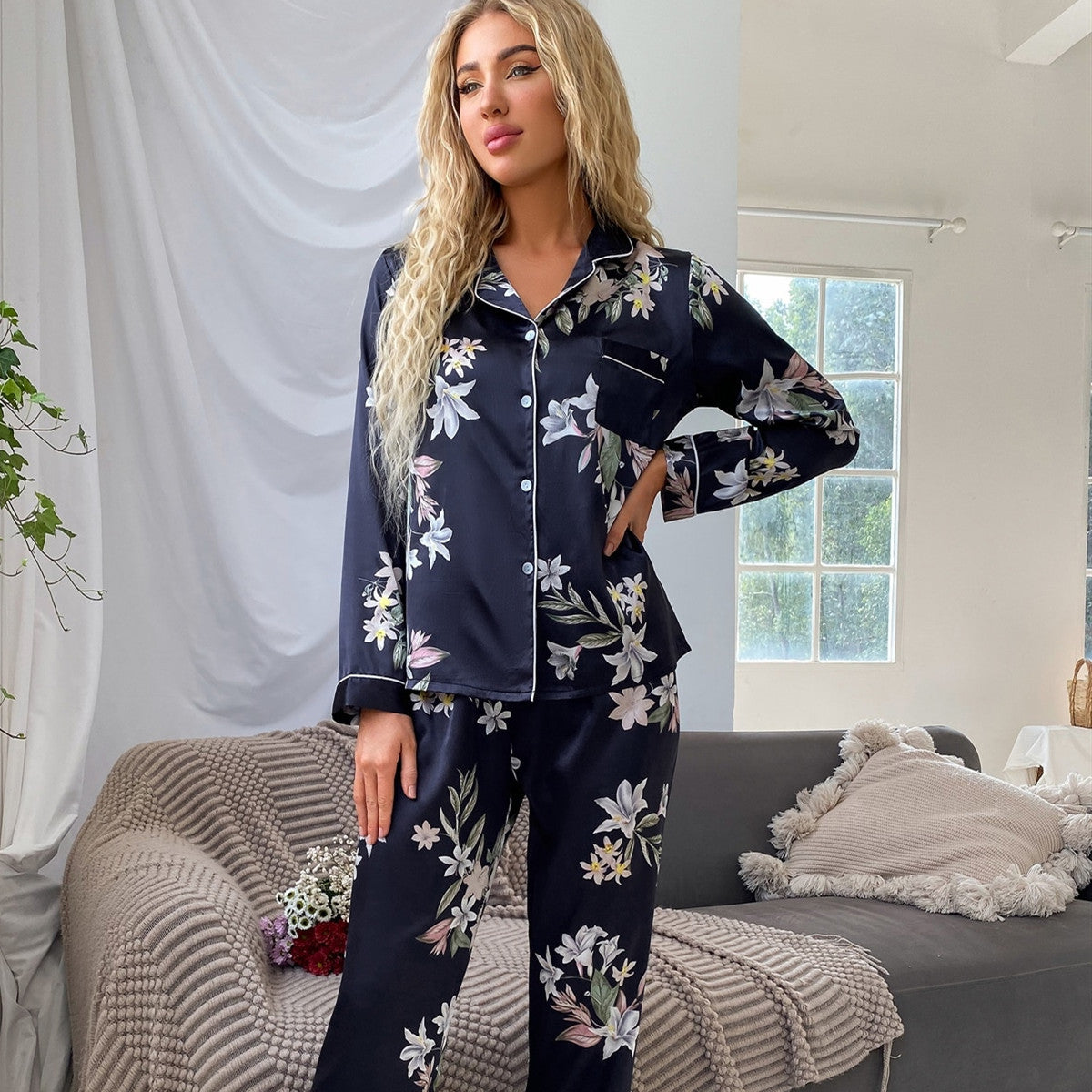 Women's Silk-Feel Striped Lounge Cardigan โ Lightweight Lapel Outerwear, Plus Size, Spring/Autumn Fashion