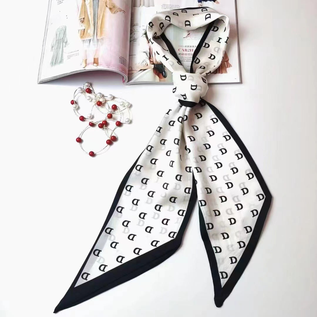 Long silk scarf, women's high-end small square scarf, spring and autumn black neck brace neck with shirt streamer and silk tie