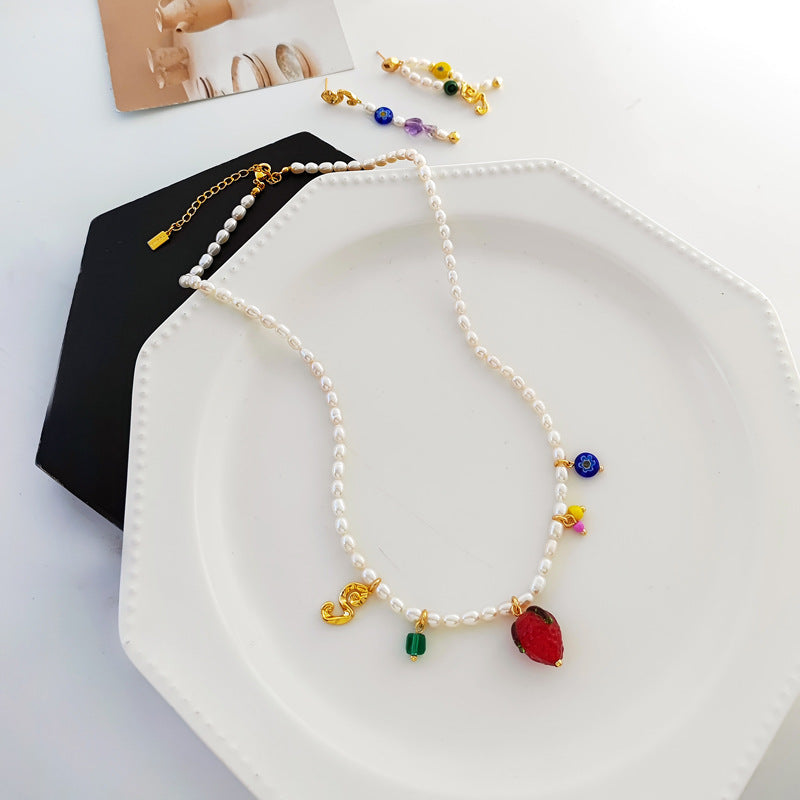 Retro elegant cultured pearl necklace temperament color glass earrings ins style asymmetrical earrings set T163