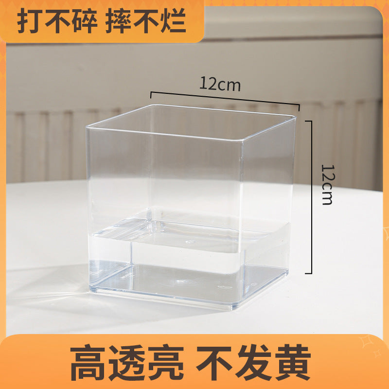 Transparent square jar vase, water culture, green plant, white palm, succulent, square cup, flower arrangement, hydroponic flower pot, tabletop simple ornament, florist