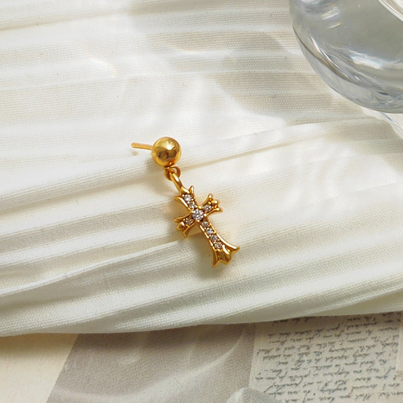 Copper-plated real gold S925 silver needle European and American cross-shaped earrings women's simple earrings temperament inlaid zircon earrings T772