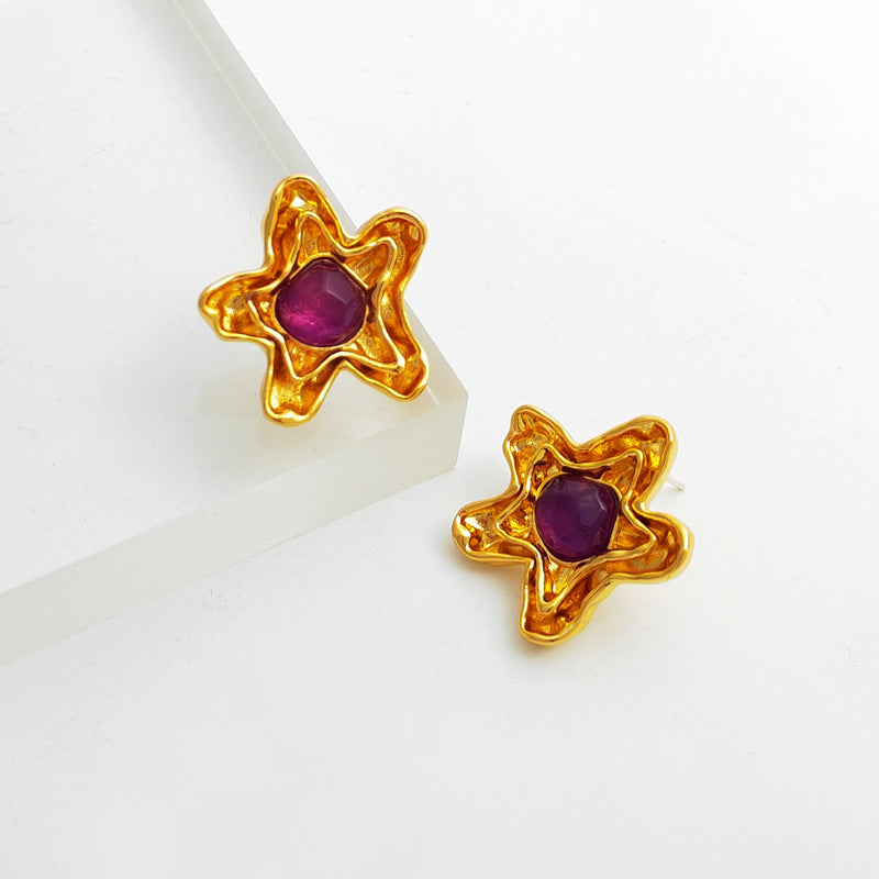 Self-designed copper-plated real gold S925 silver needle temperament pentagram star earrings retro resin earrings earrings T799