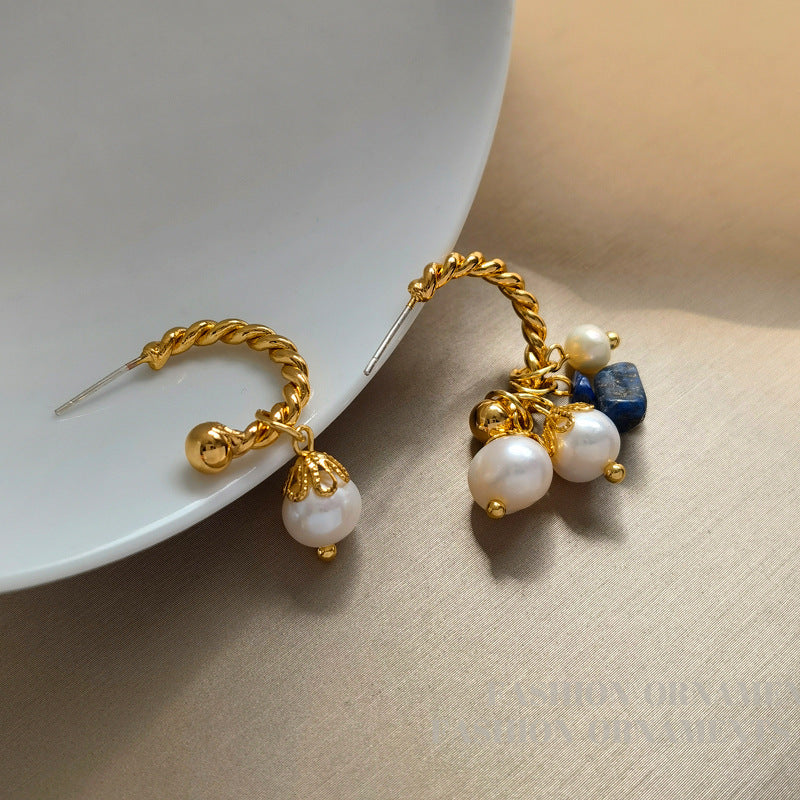 Copper-plated real gold S925 silver needle retro irregular natural stone earrings asymmetric earrings sweet pearl earrings 74