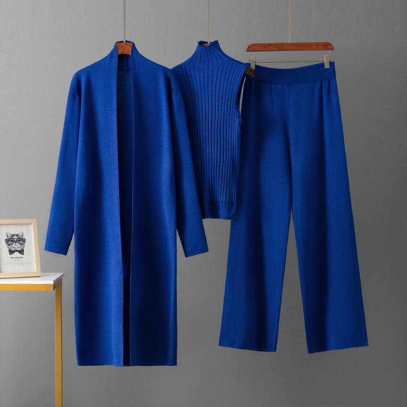 European and American foreign style solid color casual suit women's shawl jacket + V-neck base knit sweater + wide-leg trousers three-piece set