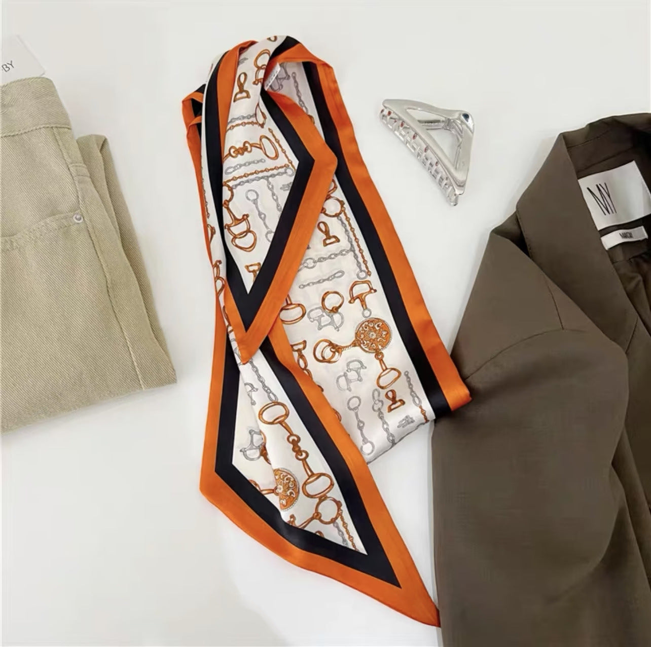 Long silk scarf, women's high-end small square scarf, spring and autumn black neck brace neck with shirt streamer and silk tie