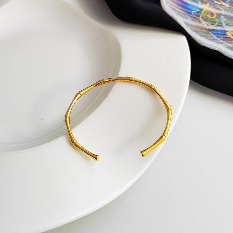 Retro temperament bamboo design bracelet personality opening copper gold-plated bracelet ins style trendy jewelry T174