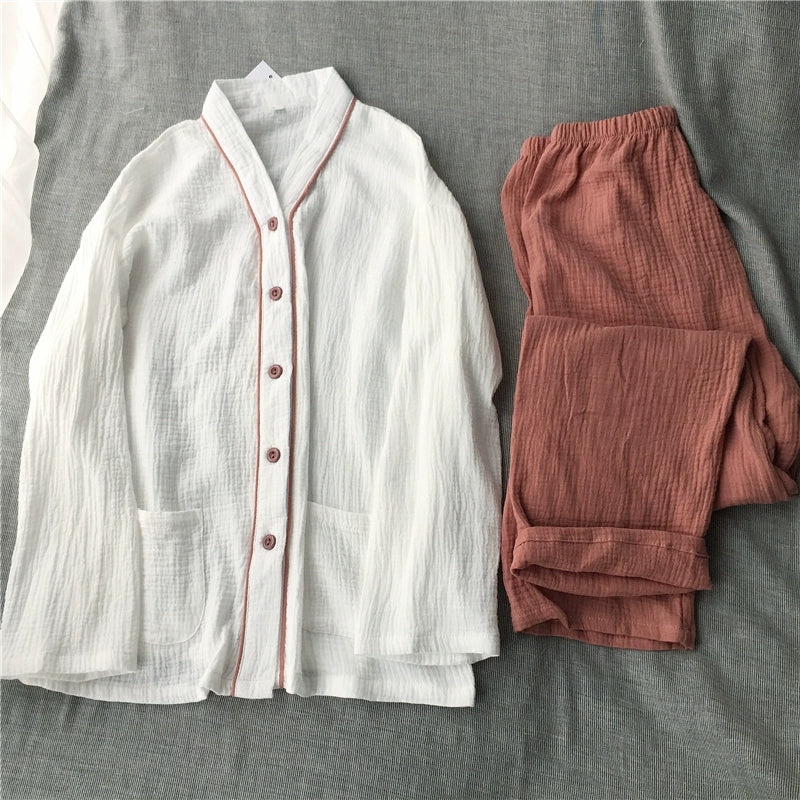 Simple Japanese plain cotton washed cotton double-layer gauze V-neck home clothes pajamas set long-sleeved trousers