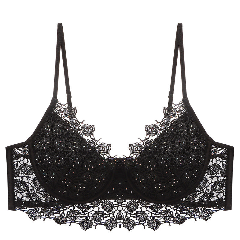 Summer Breathable French Sexy Underwear Soft Steel Ring Gather Body Shaping Thin Section Rhinestone Rose Embroidery Bra Set