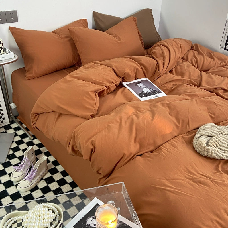 Simple pure color washed cotton bed four-piece spring and autumn Japanese-style bedding bed linen quilt cover single dormitory three-piece set