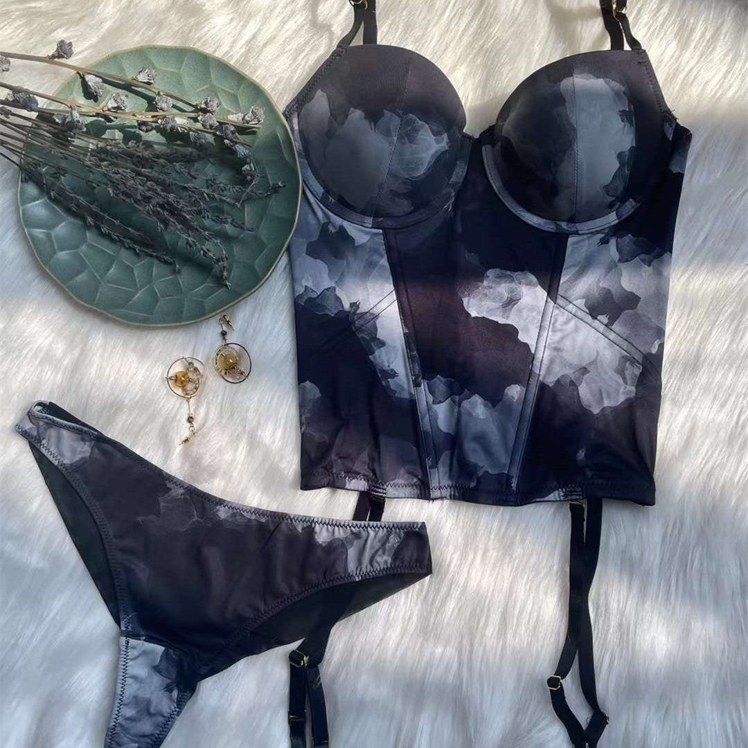 New printed glossy sexy lingerie small chest showing big slim body bone clothing bra tummy control body vest bra set