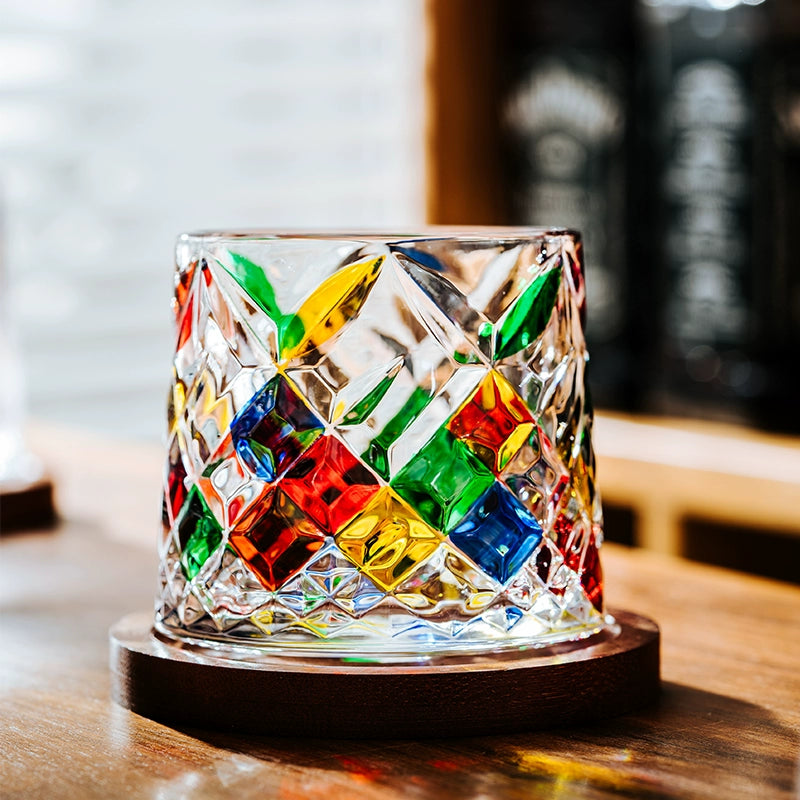 Zetten's diamond hand-painted creative rotating whiskey glass thickened personality tumbler glass decompression cup