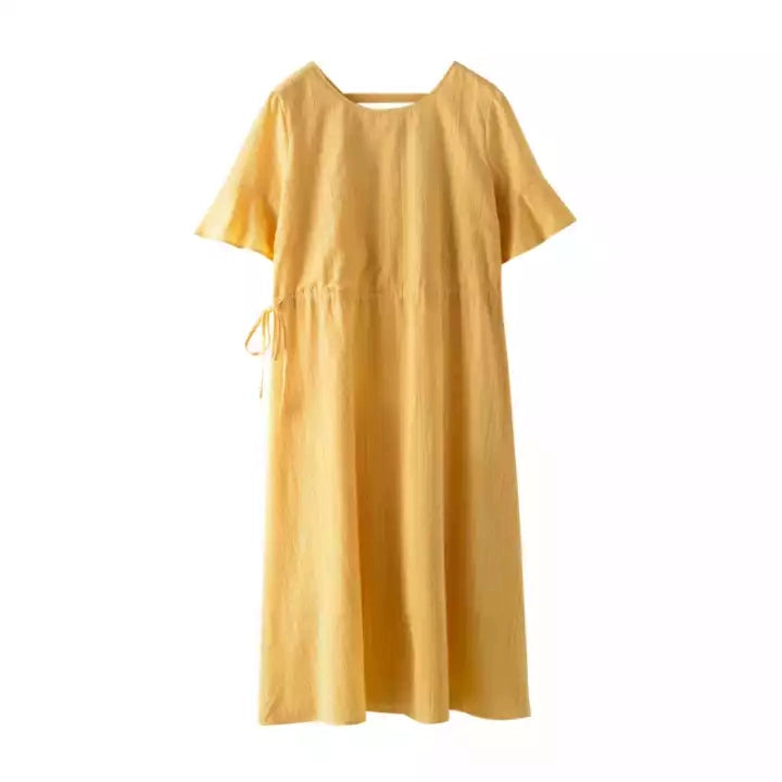 Yin M's material is super good summer pure cotton round neck trumpet sleeve waist A pendulum art female dress female cut label