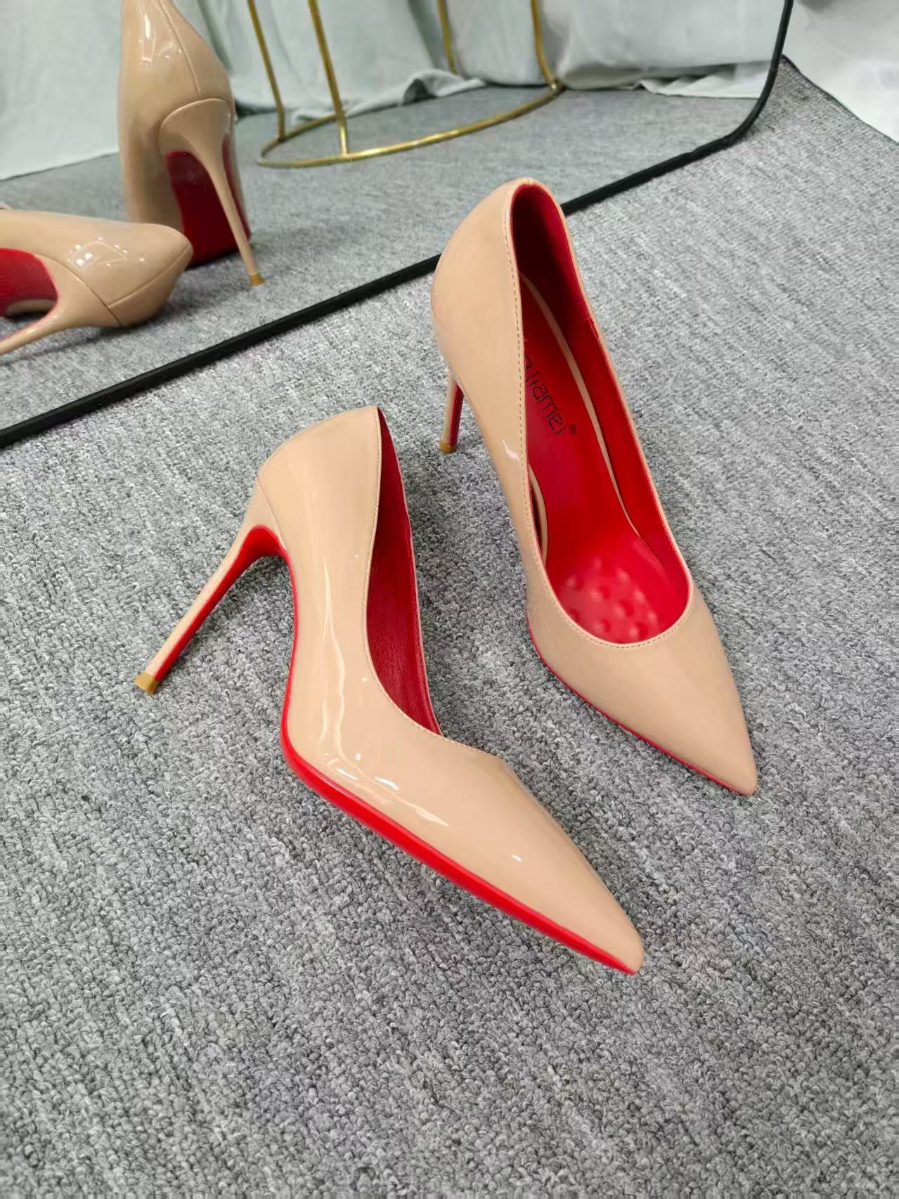 Red bottom high heels women's stiletto sexy black bed pointed toe high-heeled patent leather size French single shoes women
