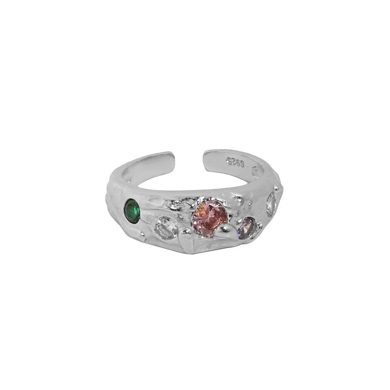 599 Korean version of ins niche design feeling cold wind micro-inlaid zircon texture texture S925 sterling silver open ring female