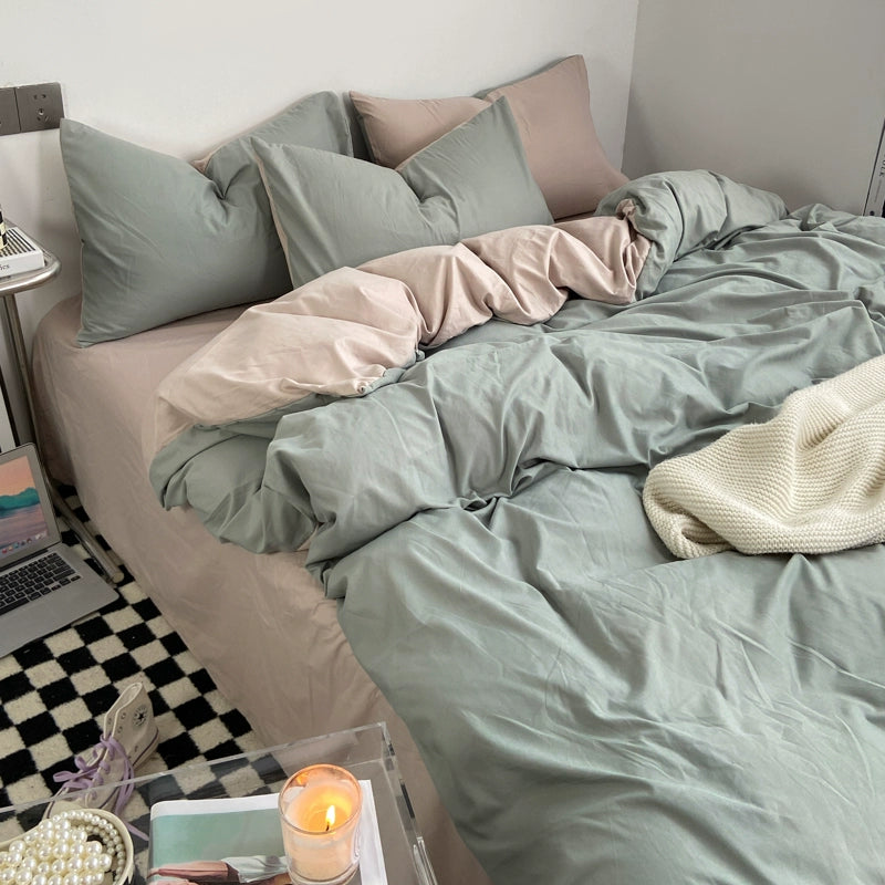 Simple pure color washed cotton bed four-piece spring and autumn Japanese-style bedding bed linen quilt cover single dormitory three-piece set