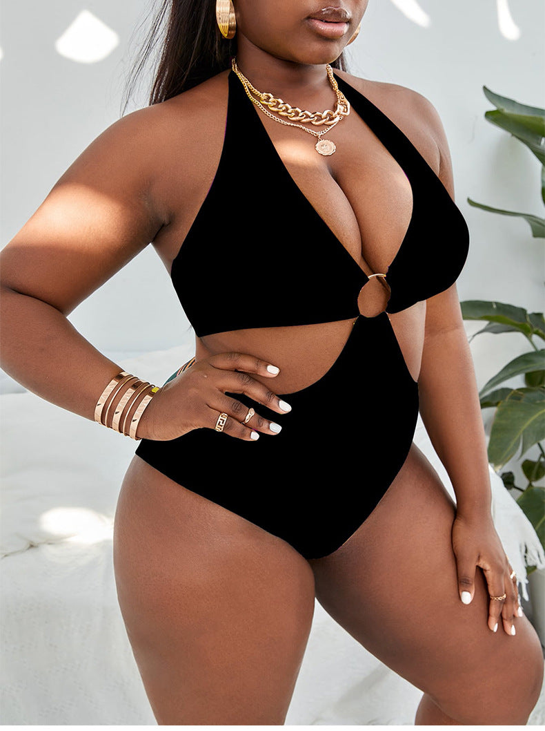 Plus Size Sexy One-Piece Bikini – Multicolor Halter Neck Swimsuit with Ring Print | European & American Style Beachwear for Women