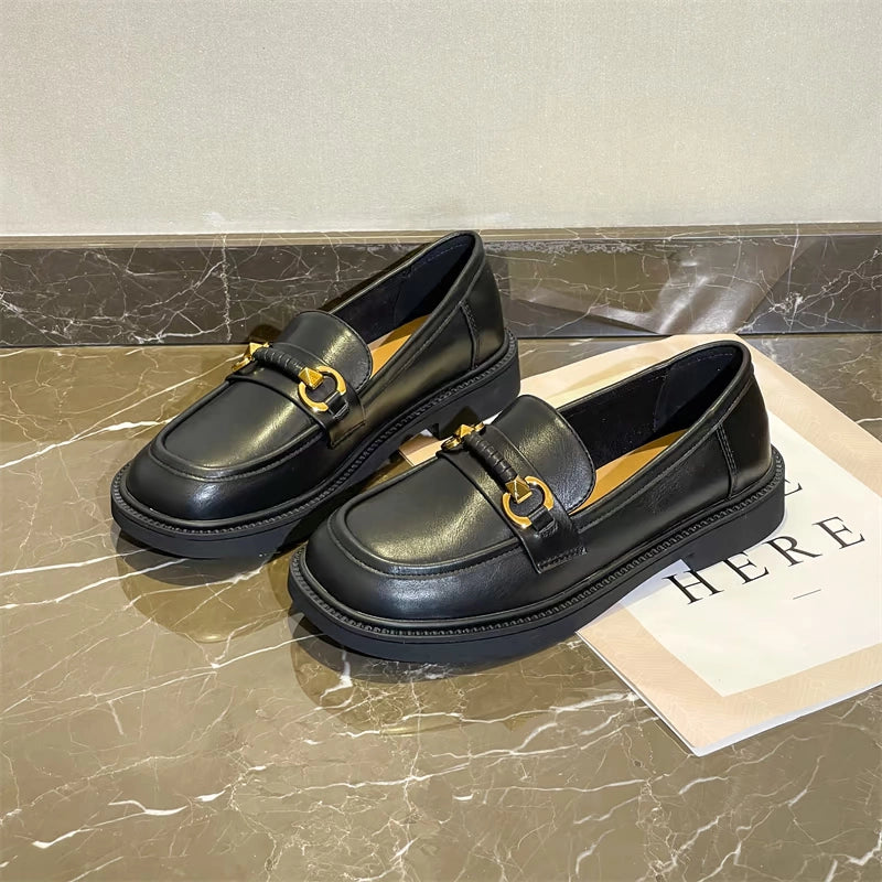 Flat-bottomed loafers women's spring new Japanese jk commuter single shoes soft-soled slip-on metal leather shoes
